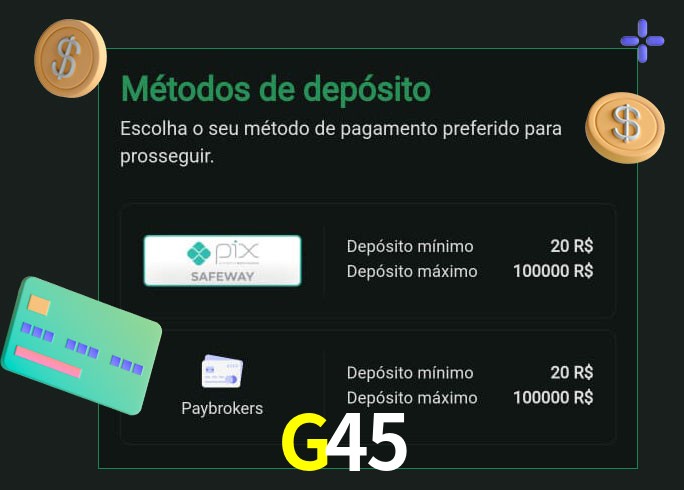 O cassino G45 oferece uma grande variedade de métodos de pagamento